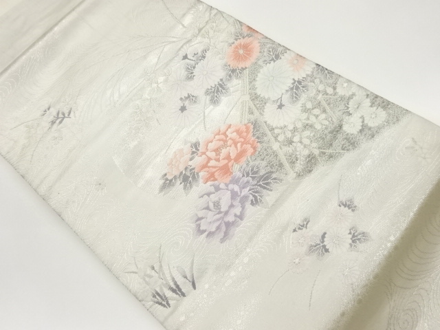 秋草に花々・蛇籠・流水模様織出し名古屋帯